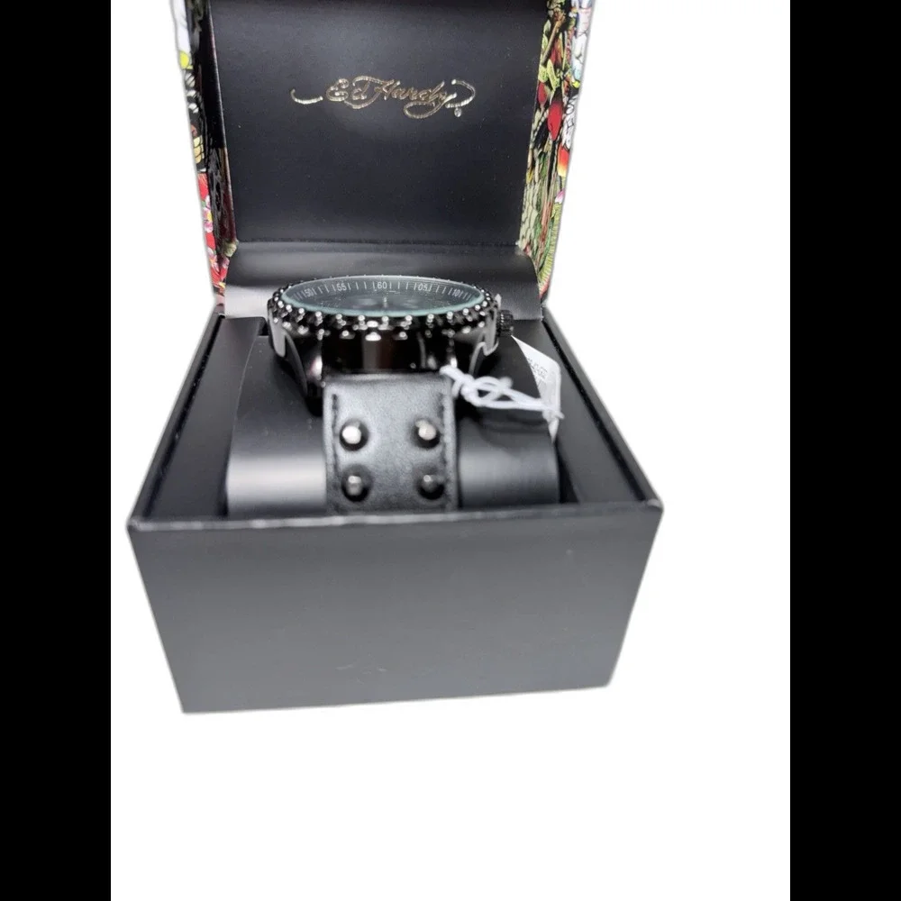 Ed Hardy Quartz Analog Watch Skull Dial Black Studded Leather Strap NEW IN BOX